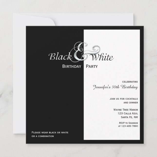 Invitación Elegante Fiesta blanco y negro (Anverso)