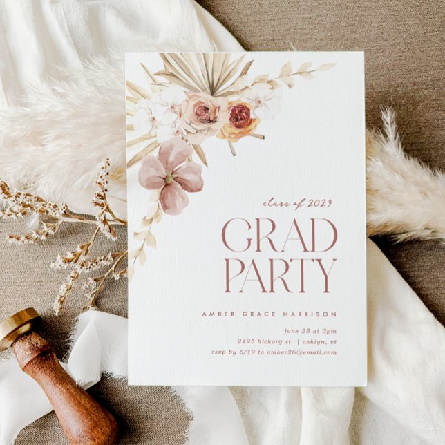 Invitación Elegante Fiesta Boho Floral Grad | Graduación (Elegant Boho Floral Grad Party | Graduation Invitation)