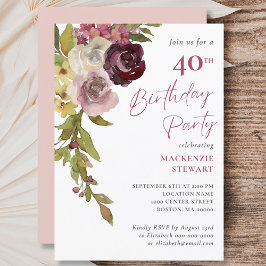 Invitación Elegante Fiesta Borgoña Rosa Floral 40 cumpleaños