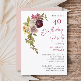 Invitación Elegante Fiesta Borgoña Rosa Floral 40 cumpleaños