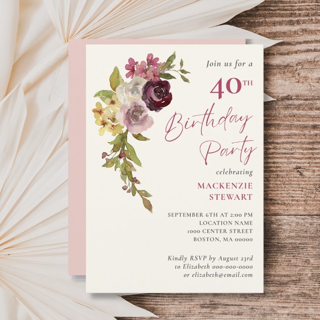Invitación Elegante Fiesta Borgoña Rosa Floral 40 cumpleaños (Subido por el creador)