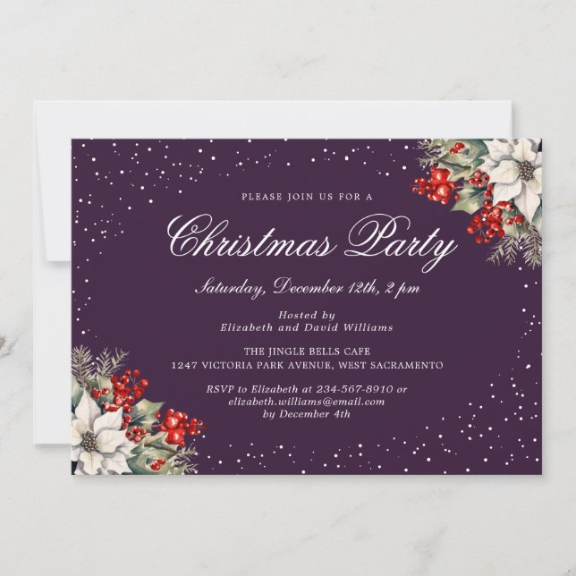 Invitación Elegante Fiesta Botánica de Navidad con Tema Púrpu (Anverso)
