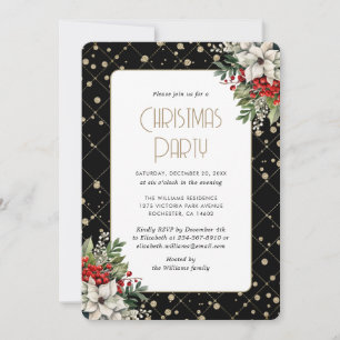 Invitación Elegante Fiesta Botánica de Navidad en Negro y Dor