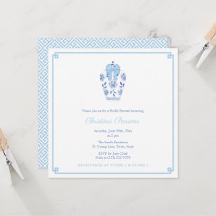 Invitación Elegante Fiesta Bridal Shower Chinoiserie azul bla