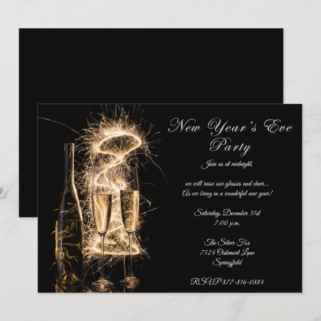 Invitación Elegante Fiesta brillante de la víspera de Año Nue (Anverso / Reverso)