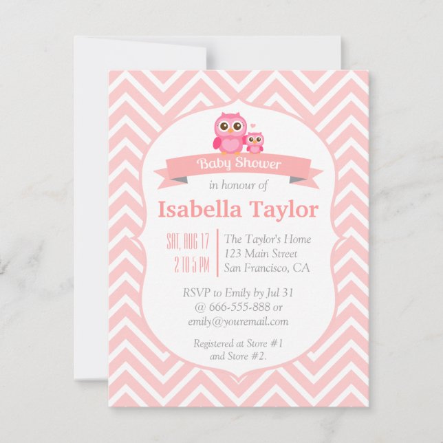 Invitación Elegante Fiesta Chevron Lechuza Rosa (Anverso)