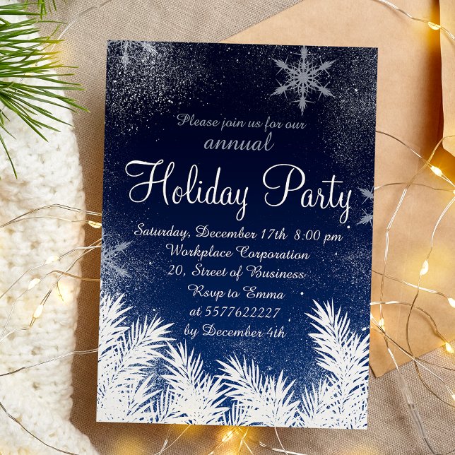 Invitación Elegante fiesta corporativa de invierno con copas  (Elegant blue snowflake winter corporate holiday invitation)