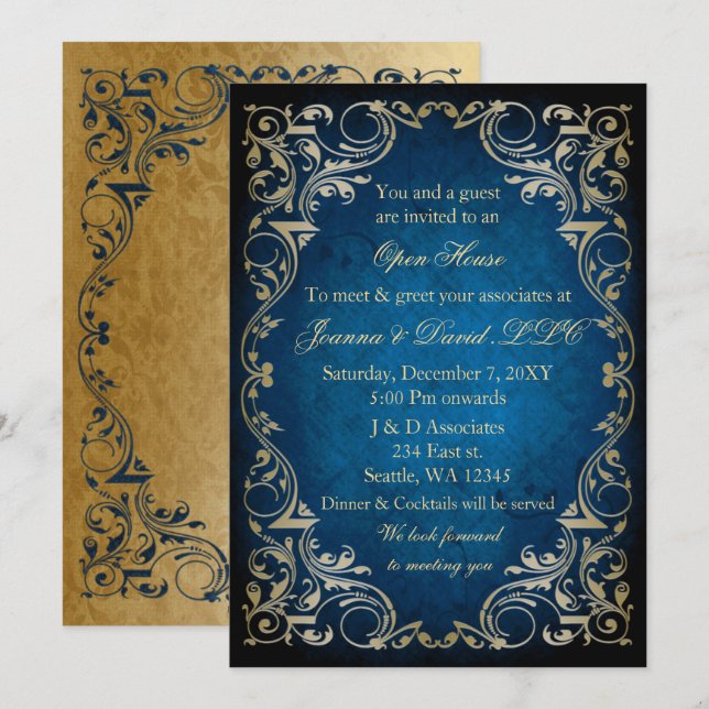 Invitación Elegante Fiesta corporativo de Blue Gold Business (Anverso / Reverso)