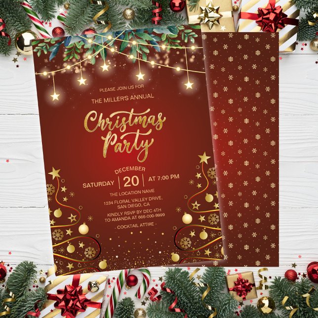 Invitación Elegante Fiesta corporativo de Navidades rojos de  (Elegant Gold Red Christmas Eve Holiday Home Party Invitation)