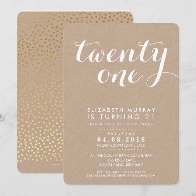 Invitación ELEGANTE fiesta de 21 años INVITE blanco en kraft (Anverso / Reverso)