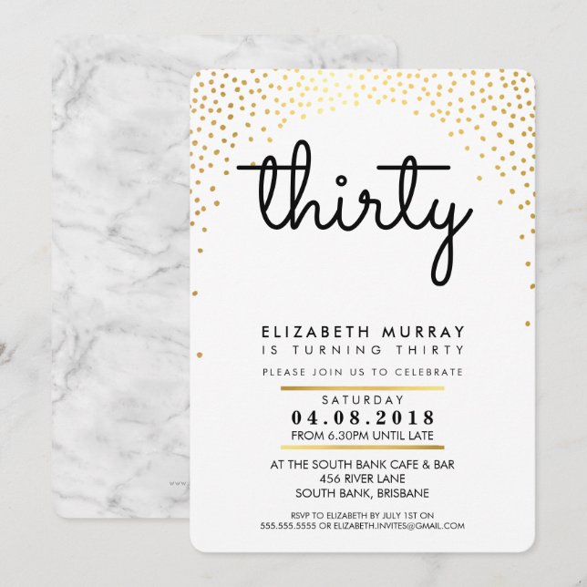 Invitación ELEGANTE fiesta DE 30 AÑOS INVITE gold confetti (Anverso / Reverso)