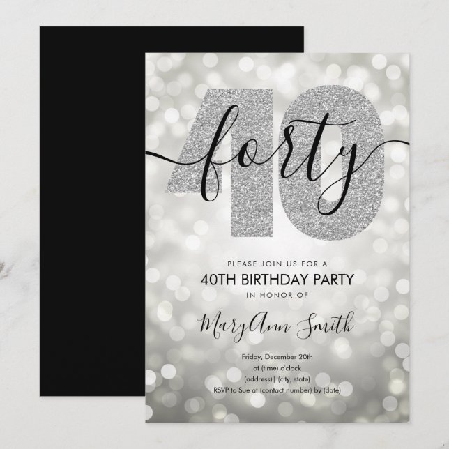 Invitación Elegante Fiesta de 40 años de plata moderna (Anverso / Reverso)
