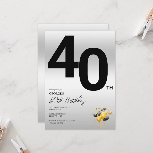 Invitación Elegante Fiesta de 40 años de plata y globos (Anverso/Reverso In Situ)