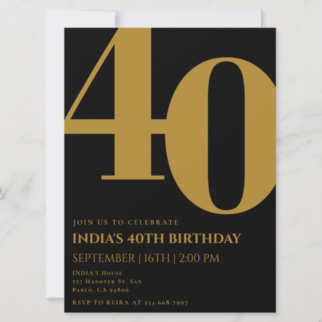 Invitación Elegante Fiesta de 40 Años en Negro y Oro (Anverso)
