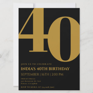 Invitación Elegante Fiesta de 40 Años en Negro y Oro