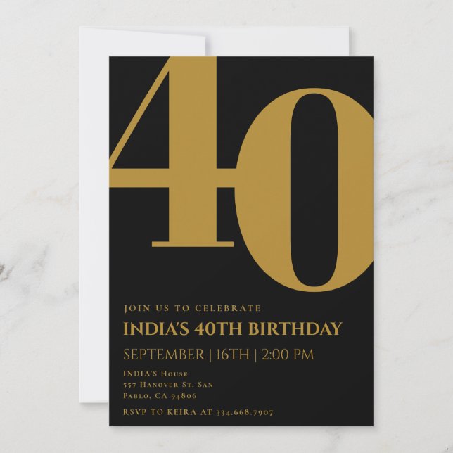Invitación Elegante Fiesta de 40 Años en Negro y Oro (Anverso)