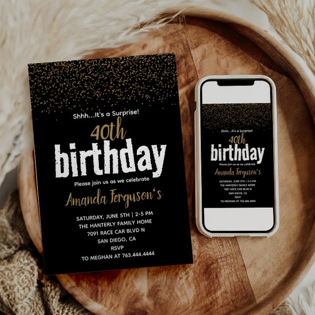 Invitación Elegante Fiesta de 40 Años en Negro y Oro (Subido por el creador)