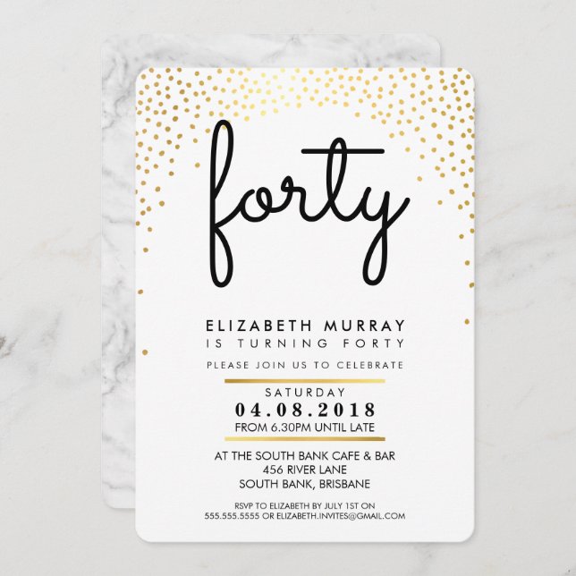 Invitación ELEGANTE fiesta DE 40 AÑOS INVITE gold confetti (Anverso / Reverso)