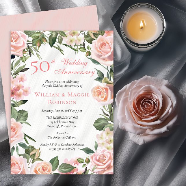 Invitación Elegante Fiesta de 50 Aniversario de la Flora Rosa (Elegant Pink Roses Floral Frame 50th Wedding Anniversary Party Invitation - Print | Digital Download)