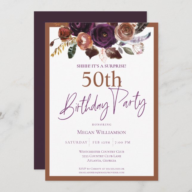 Invitación Elegante Fiesta de 50 Años de Oro Púrpura (Anverso / Reverso)