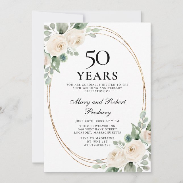 Invitación Elegante Fiesta de 50 años Floral de rosa blanca (Anverso)