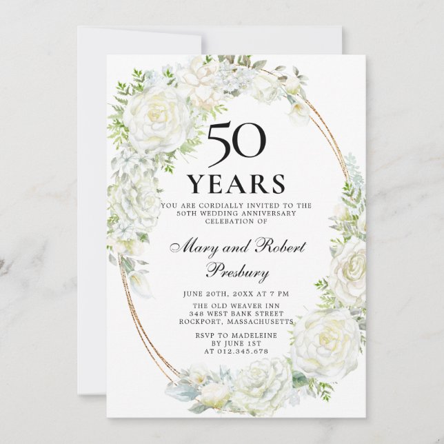 Invitación Elegante Fiesta de 50 años Floral de rosa blanca (Anverso)
