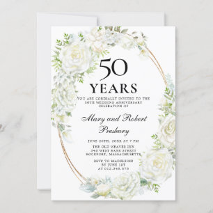 Invitación Elegante Fiesta de 50 años Floral de rosa blanca