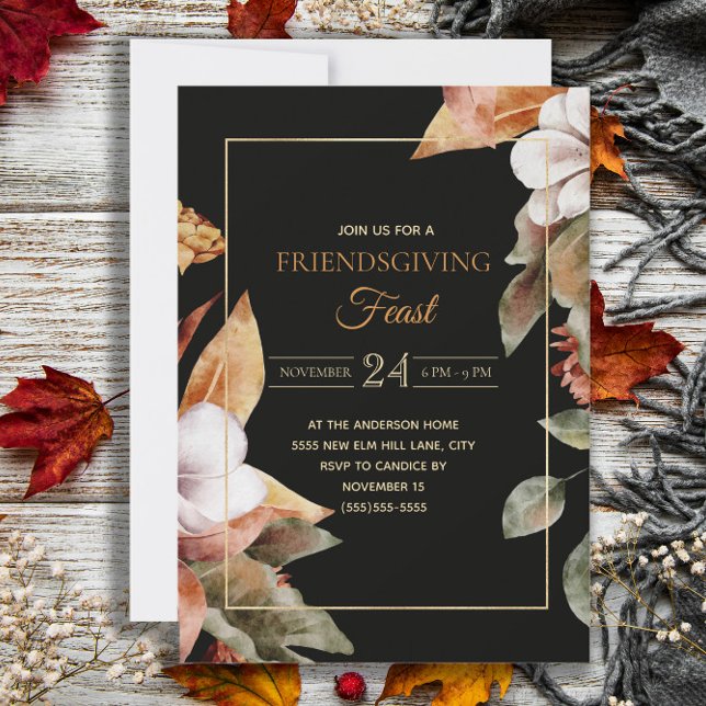 Invitación Elegante fiesta de Acción de Gracias de amigos con (Elegant black Friendsgiving Feast invitation)
