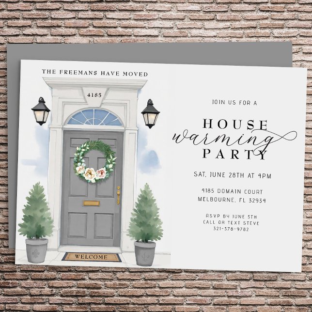 Invitación Elegante Fiesta de acuarela (Grey Door Housewarming Party Invite)
