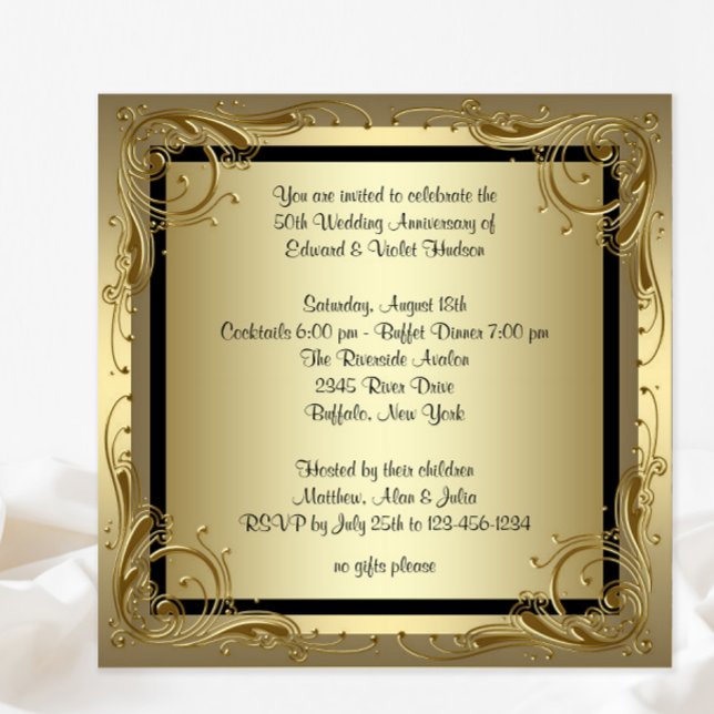 Invitación Elegante fiesta de aniversario de bodas de oro núm (You can change all text, font style and wording as needed on this beautiful any occasion design.)