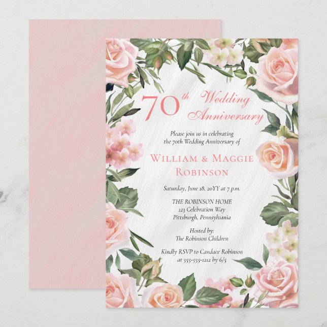 Invitación Elegante Fiesta de Aniversario de la Flora Rosa 70 (Anverso / Reverso)