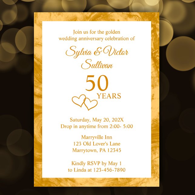 Invitación Elegante fiesta de aniversario número 50 dorada pe (Personalize this elegant invitation template with your golden 50th anniversary party details.
)