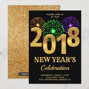 Invitación Elegante Fiesta de Año Nuevo 2018 con Fuegos Artif