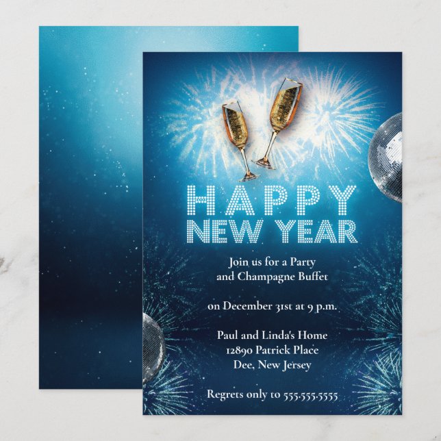 Invitación Elegante Fiesta de Año Nuevo Azul Brillante (Anverso / Reverso)
