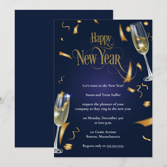Invitación Elegante Fiesta de Año Nuevo Azul Oscuro (Anverso / Reverso)