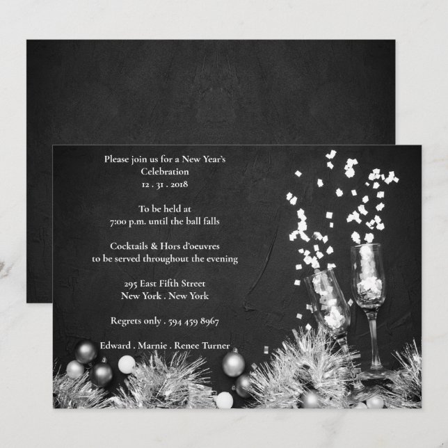 Invitación Elegante Fiesta de Año Nuevo blanco y negro (Anverso / Reverso)