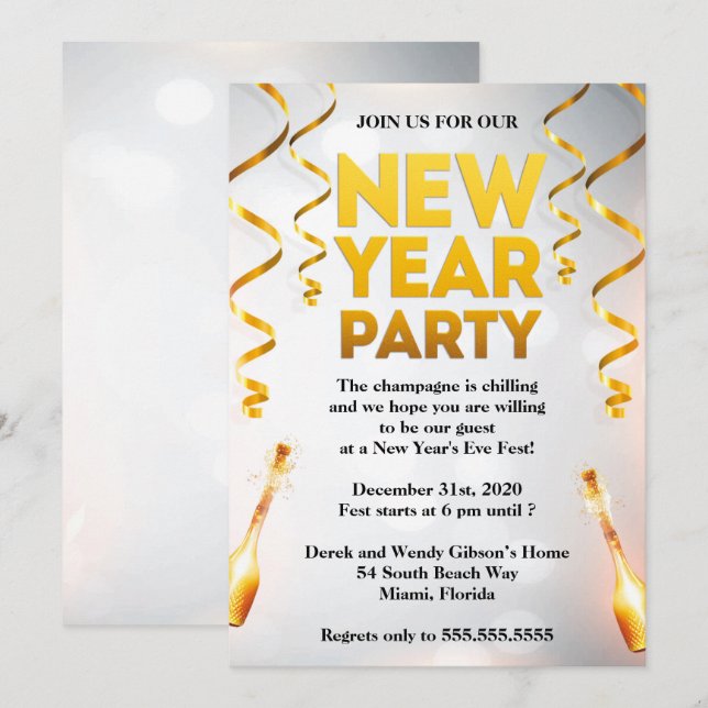 Invitación Elegante Fiesta de Año Nuevo Blanco y Oro (Anverso / Reverso)