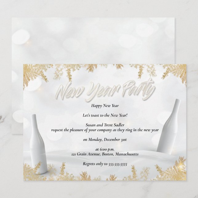 Invitación Elegante Fiesta de Año Nuevo Blanco y Oro (Anverso / Reverso)