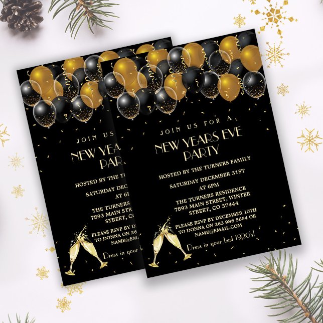 Invitación Elegante Fiesta de Año Nuevo de los Globos Negro d (trendy gold black New Years eve party invite, gold black balloons new year party invitation)
