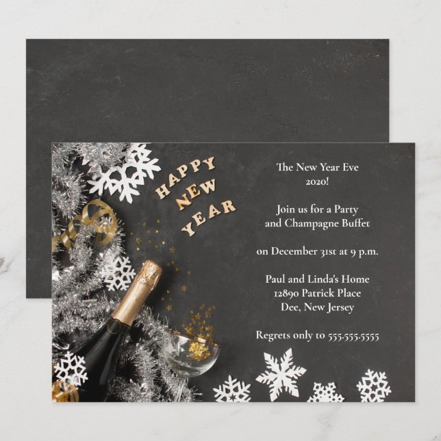 Invitación Elegante Fiesta de Año Nuevo mate negro (Anverso / Reverso)