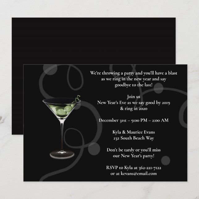 Invitación Elegante Fiesta de Año Nuevo Negro (Anverso / Reverso)