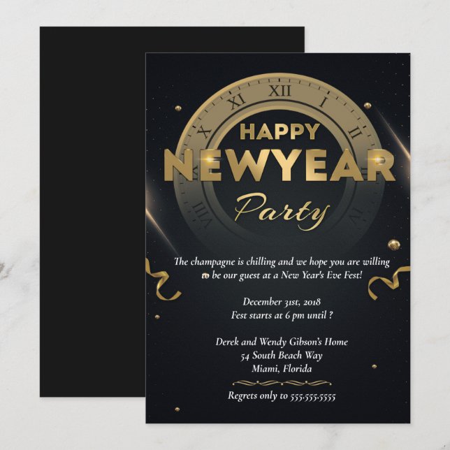 Invitación Elegante Fiesta de Año Nuevo Negro y Oro (Anverso / Reverso)