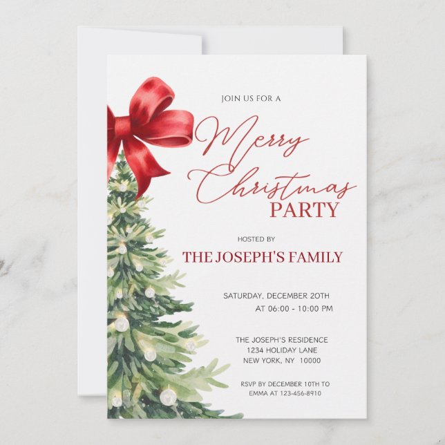 Invitación Elegante Fiesta de árbol de navidad de acuarela rú (Anverso)