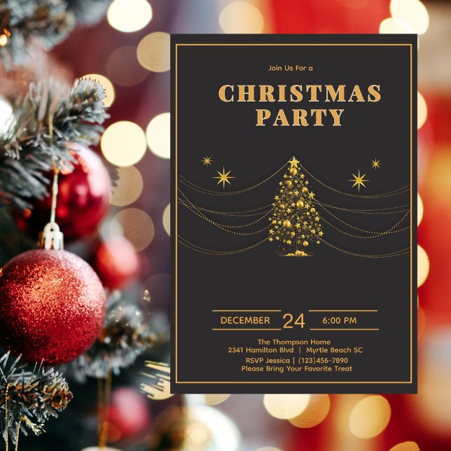 Invitación Elegante Fiesta de Árbol de Navidad de Oro Negro (Subido por el creador)