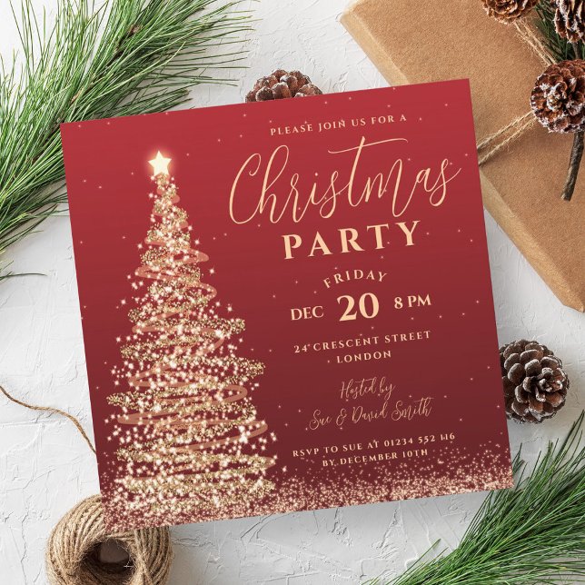 Invitación Elegante Fiesta de Árbol de Navidad Festividad Roj (Elegant Christmas Tree Party Red Holiday Invitation)