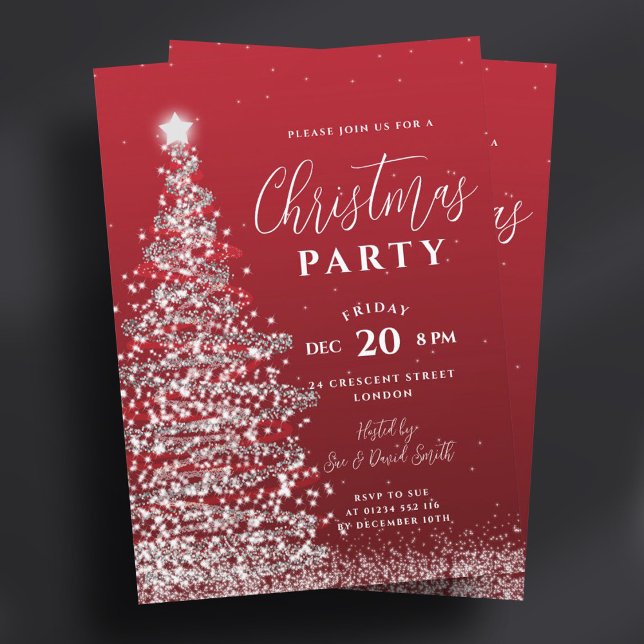 Invitación Elegante Fiesta de árbol de Navidad Festividad Roj (Elegant Christmas Tree Party Silver Red Holiday Invitation)