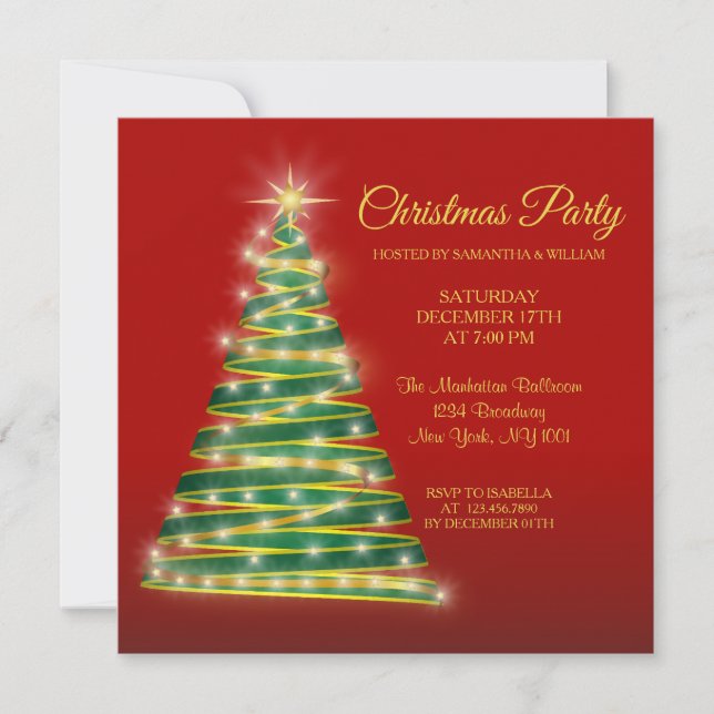 Invitación Elegante Fiesta de árbol de Navidad verde rojo dor (Anverso)