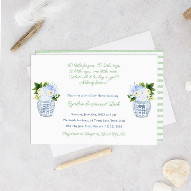 Invitación Elegante Fiesta de Baby Shower de poema desconocid (Preppy Poem Gender Neutral Green And White Baby Shower Invitation)