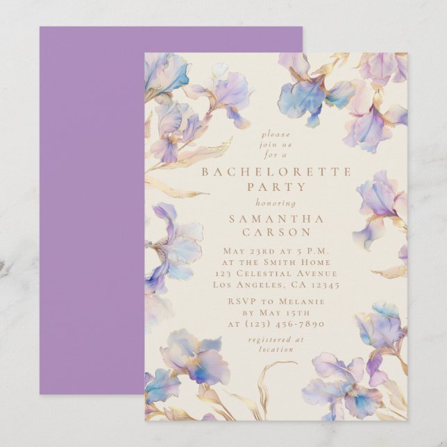 Invitación Elegante Fiesta de Bachelorette de Floral Iris (Anverso / Reverso)
