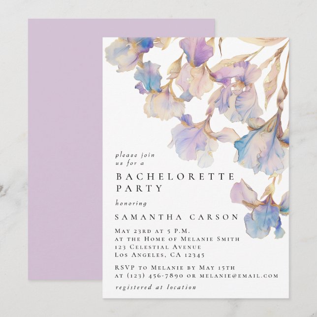 Invitación Elegante Fiesta de Bachelorette de Floral Iris (Anverso / Reverso)